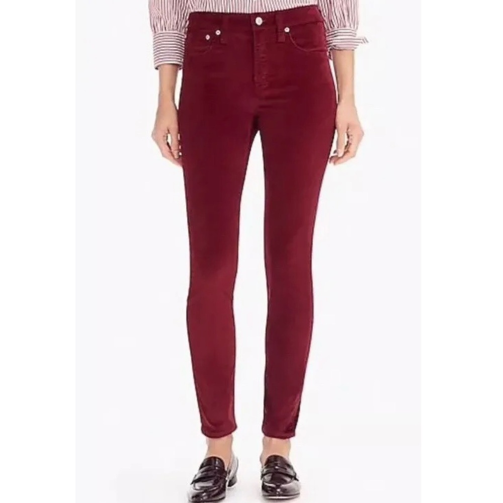 J. Crew Velvet 9” Rise Toothpick Skinny Jeans in Crimson Maple